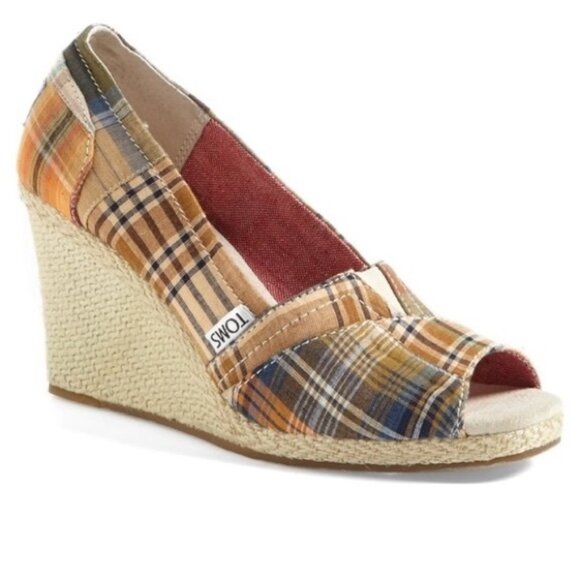 Toms| Cute Summer Tan/Blue/Orange 3.5” Wedge Open Toe Espadrille Shoes Sz 8.5 - Picture 6 of 6